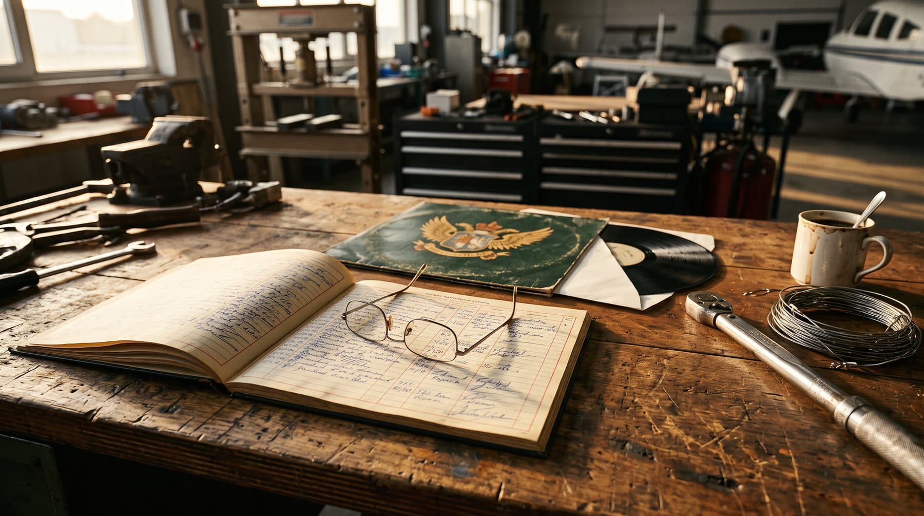 An open aircraft maintenance logbook beside an opened gatefold record sleeve on a workbench